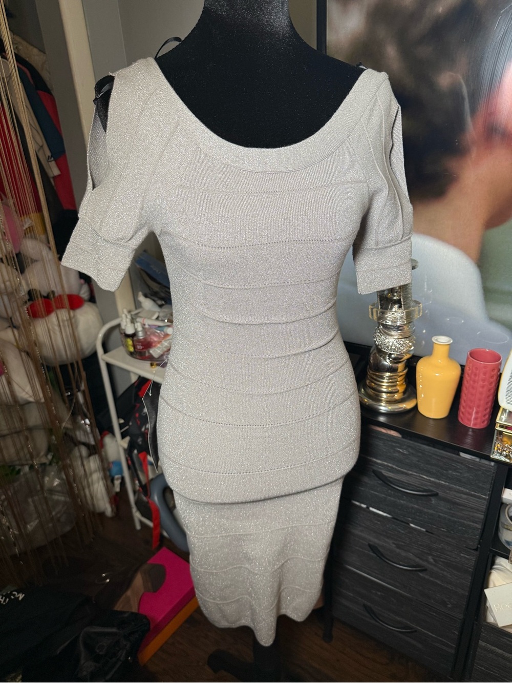bebe Metallic Silver Bandage Bodycon Dress